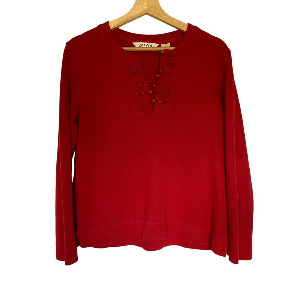 Orvis red pullover v-neck sweater women's size medium cotton vintage top bright